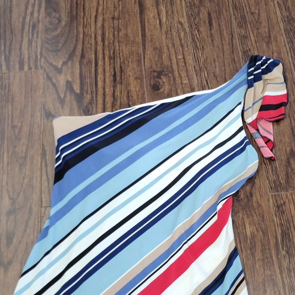 BCBGMaxazria One Shoulder Midi Dress Multicolor Striped Asymmetrical Hem S - Picture 3 of 10